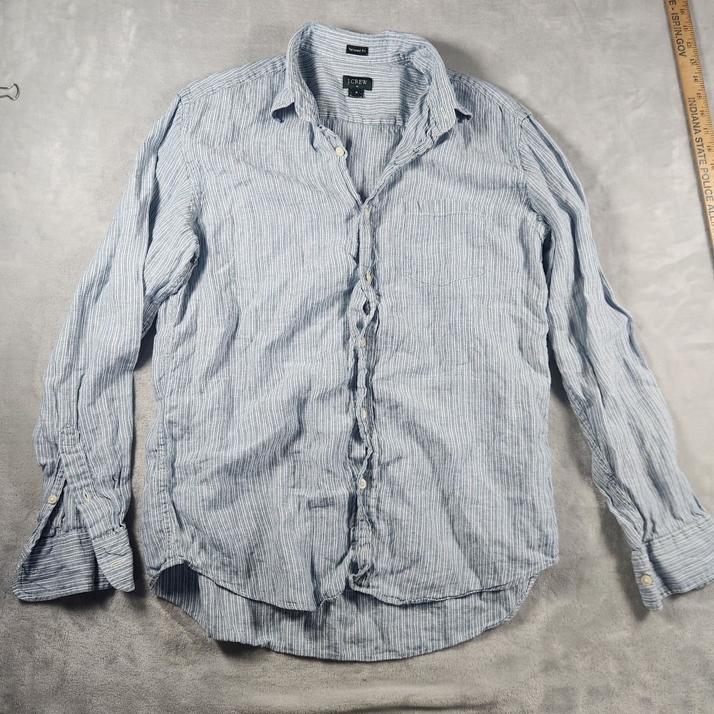 J.Crew Linen Button Down Shirt Mens M Medium Blue White Stripe Tailored Fit Prep